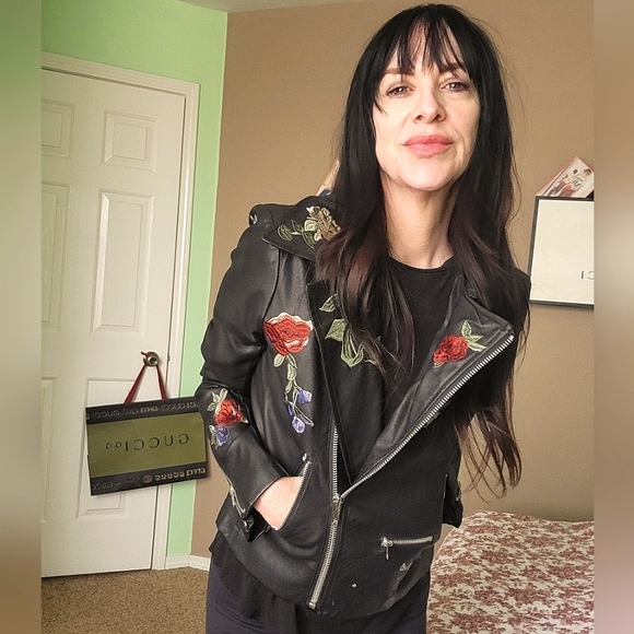 MockLeather biker Jacket with floral embroidery. - Picture 9 of 9